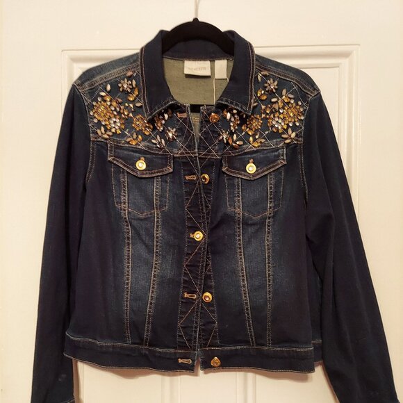 NWT Chico's Indigo Denim Jacket with Gold Beading size 2 (12/14) - Picture 1 of 1